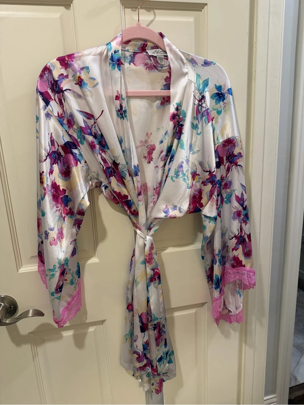 In bloom by jonquil floral Satin Tie-Front Robe with Pink Lace Trim